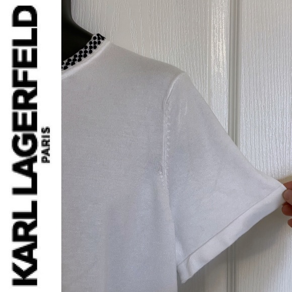 KARL LAGERFELD PARIS white knit t-shirt with black neck trim, XL - Picture 5 of 16
